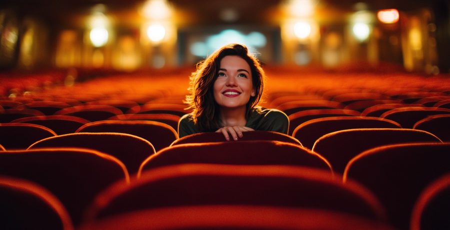 Une spectatrice souriante dans une salle de théâtre, avant le lever du rideau.